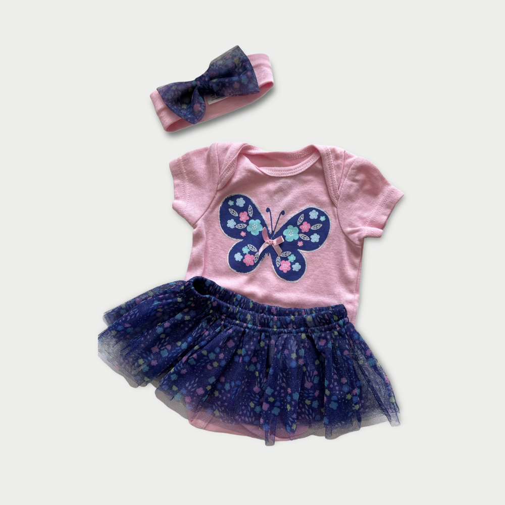 Infant Baby Pink/Purple Butterfly bodysuit w/ Tutu & Headband 3-Pc Set 3-6mos